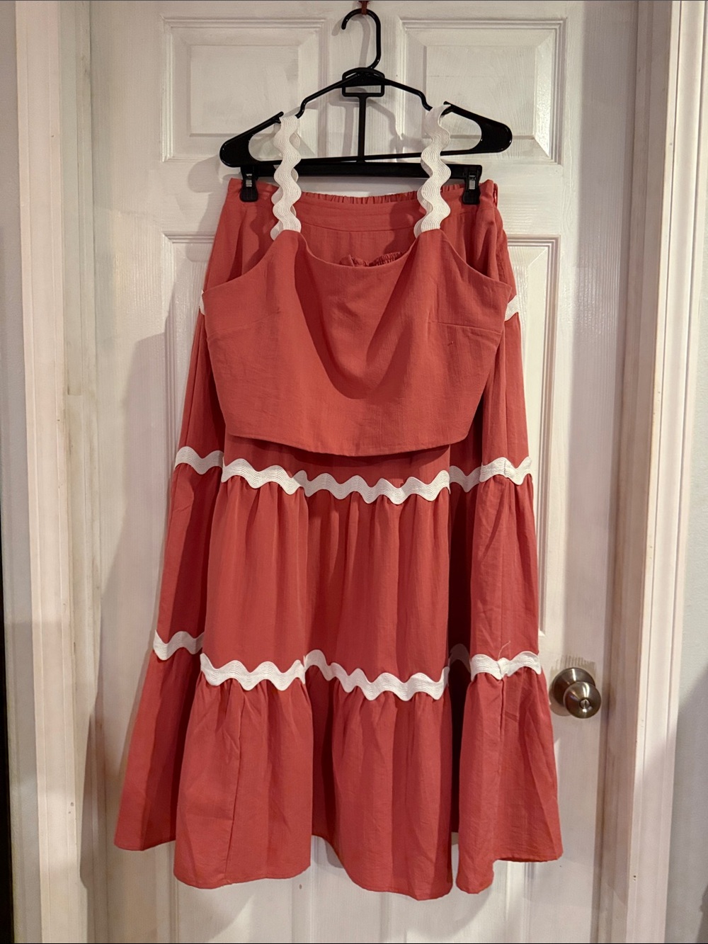 Salmon pink Tiered 2 Piece Dress with White Ruffle Trim